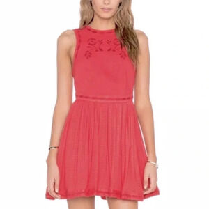 Free People Birds Of A Feather Coral Red Embroidered Sleveless Mini Dres…
